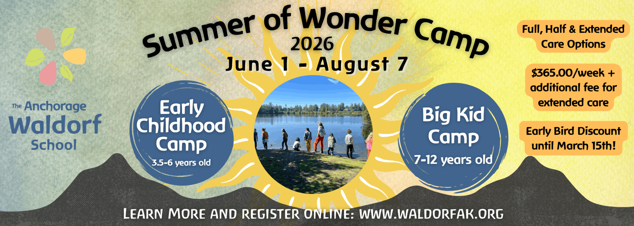 Summer-Camp-Page-Banner-1-scaled (1) Summer of Wonder Camp 2026 flyer: June 1–August 8, Early Childhood Camp (ages 3.5–6) and Big Kid Camp (grades 1–6), registration opens February 2nd. Contact 907-333-9062 or office@waldorfak.org